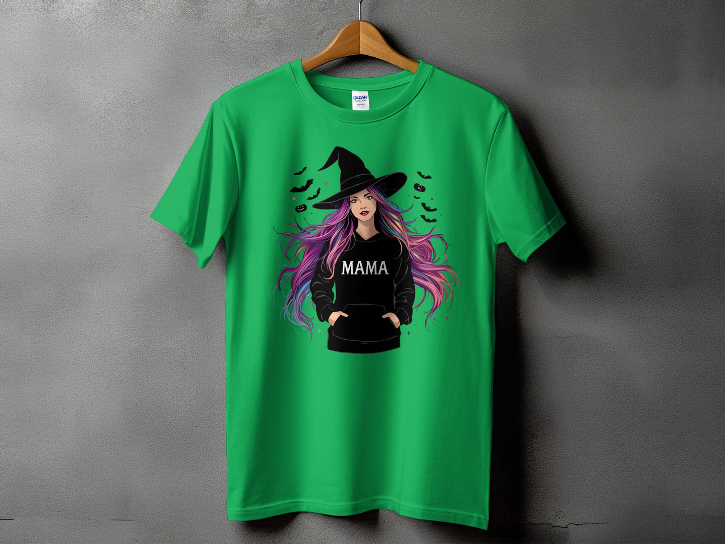 Green t-shirt with witch graphic and "Mama" text