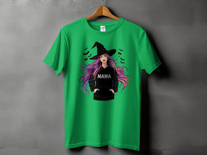 Green t-shirt with witch graphic and "Mama" text