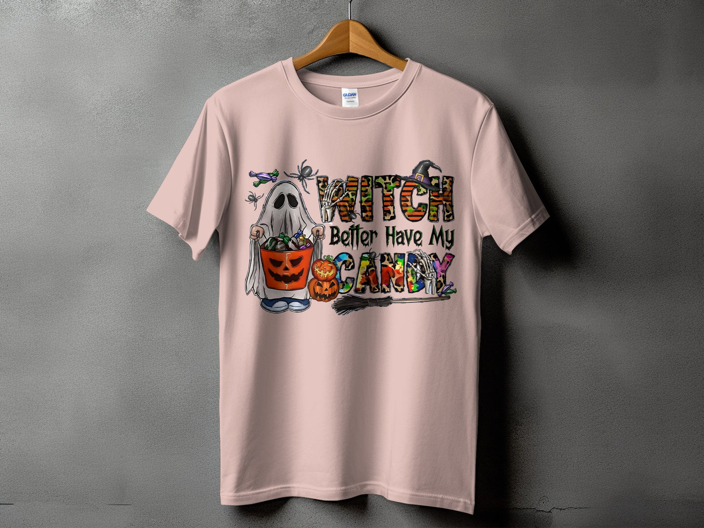 Ghost holding candy bucket, with witch, broom, and text "Witch Better Have My Candy".