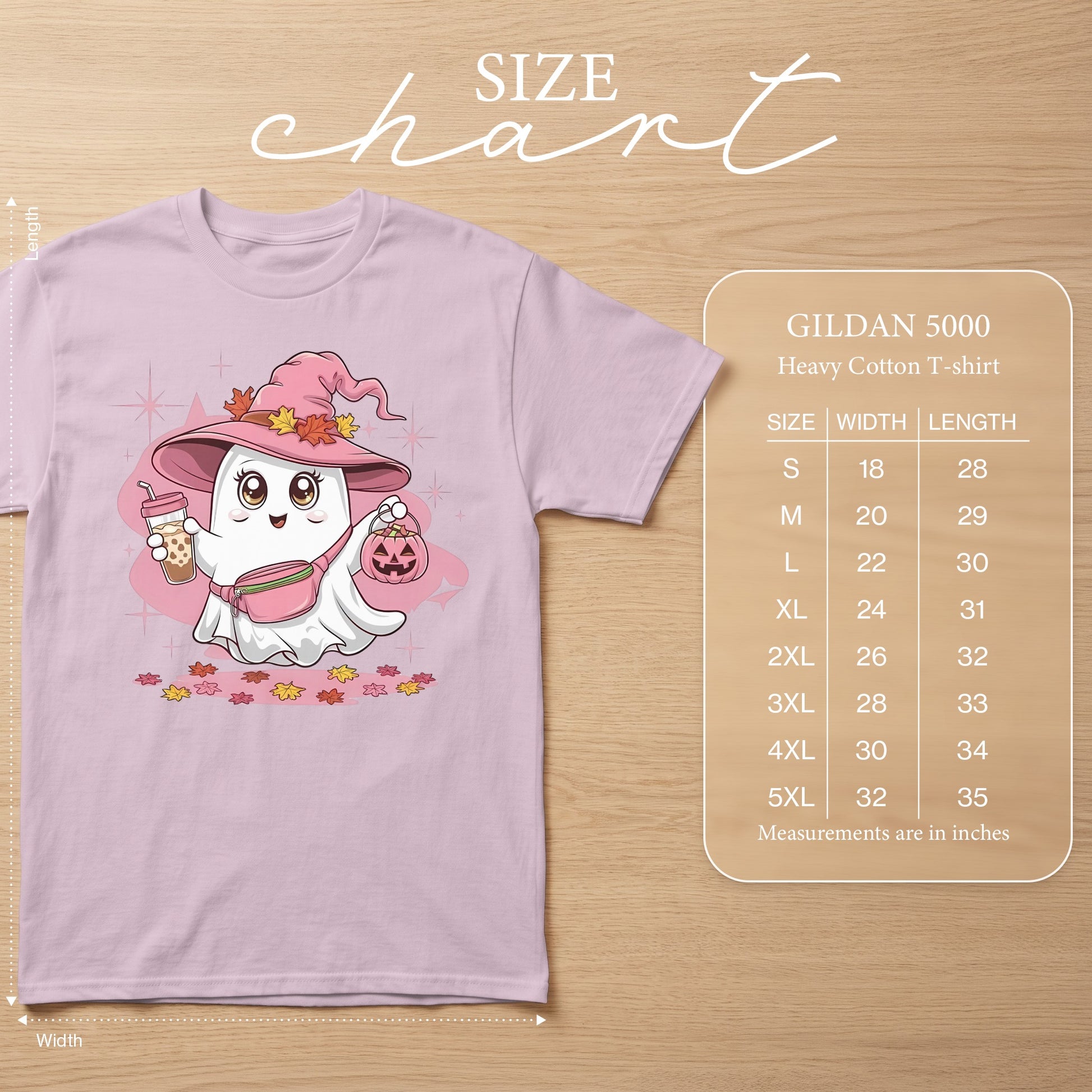 Pink t-shirt with ghost graphic, size chart, and Gildan 5000 Heavy Cotton T-shirt details.