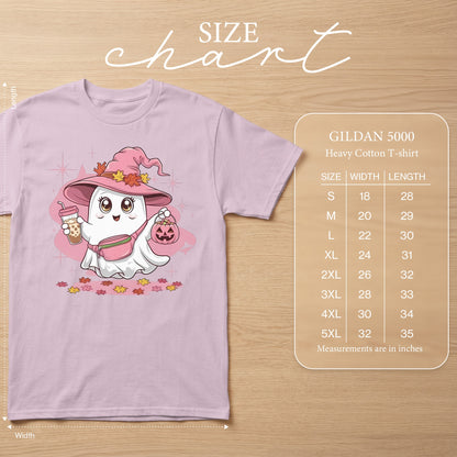 Pink t-shirt with ghost graphic, size chart, and Gildan 5000 Heavy Cotton T-shirt details.