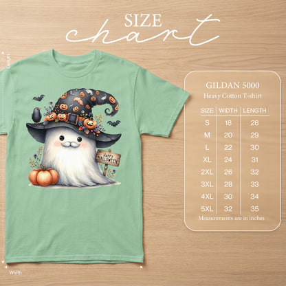 Green Gildan 5000 Heavy Cotton T-shirt with ghost Halloween graphic and size chart.