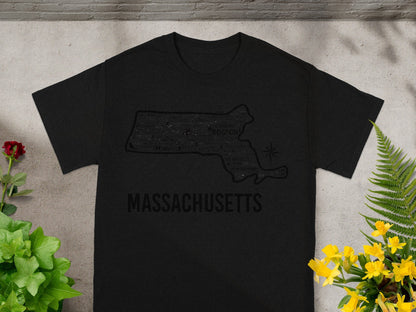 Massachusetts Map Typography Black T-Shirt Product