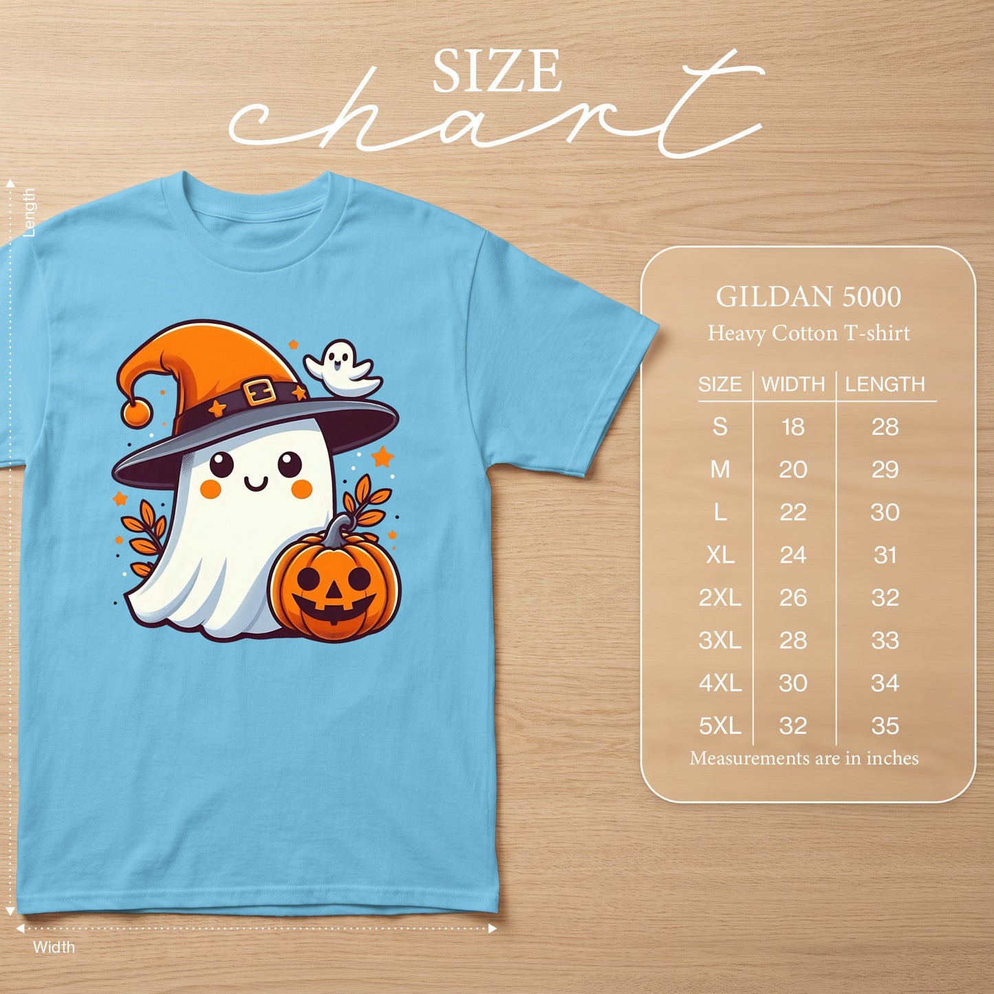 Light blue t-shirt with cute ghost and pumpkin Halloween graphic and size chart.