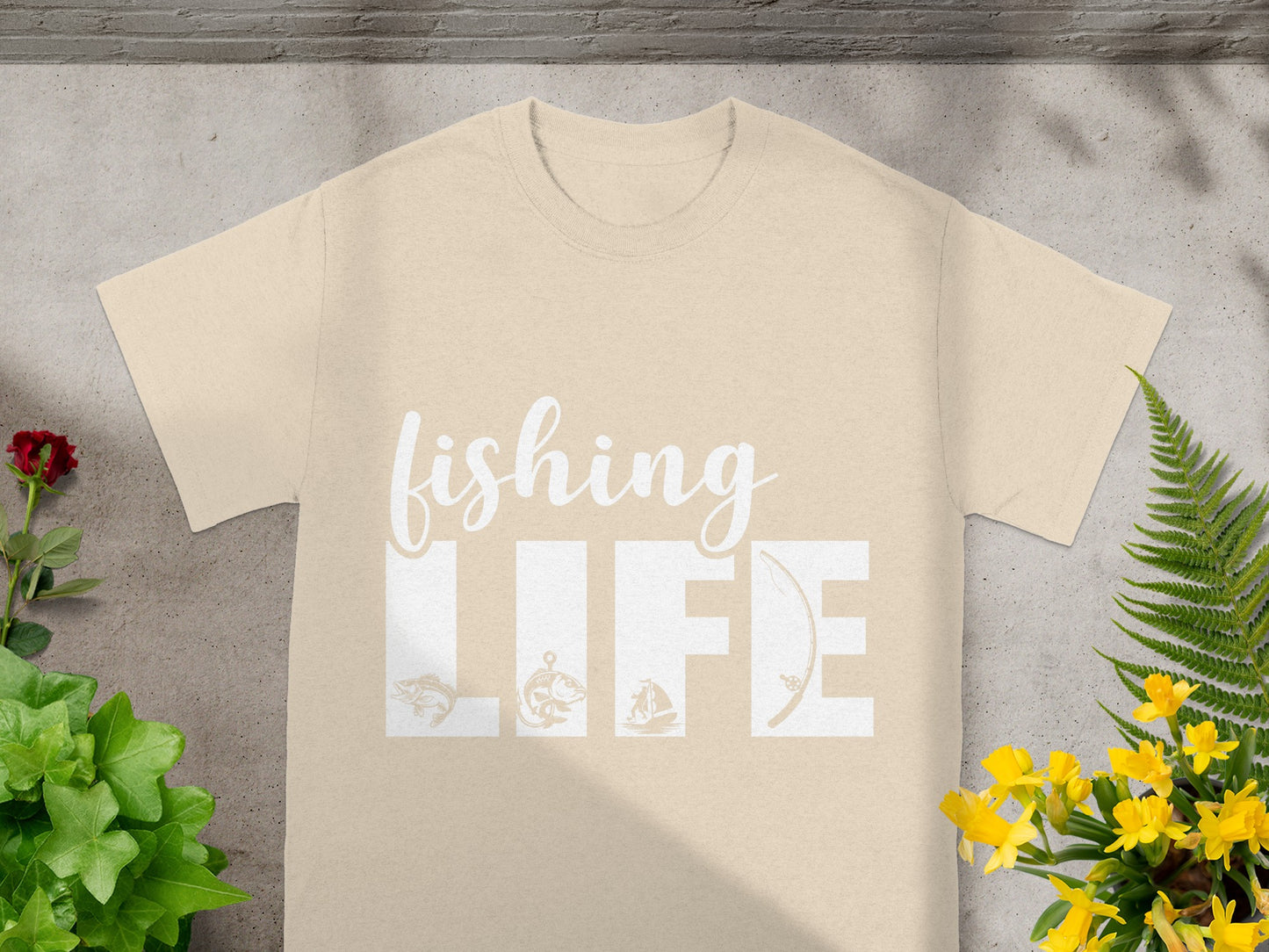 Beige t-shirt with "Fishing Life" graphic featuring fish and a sailboat.