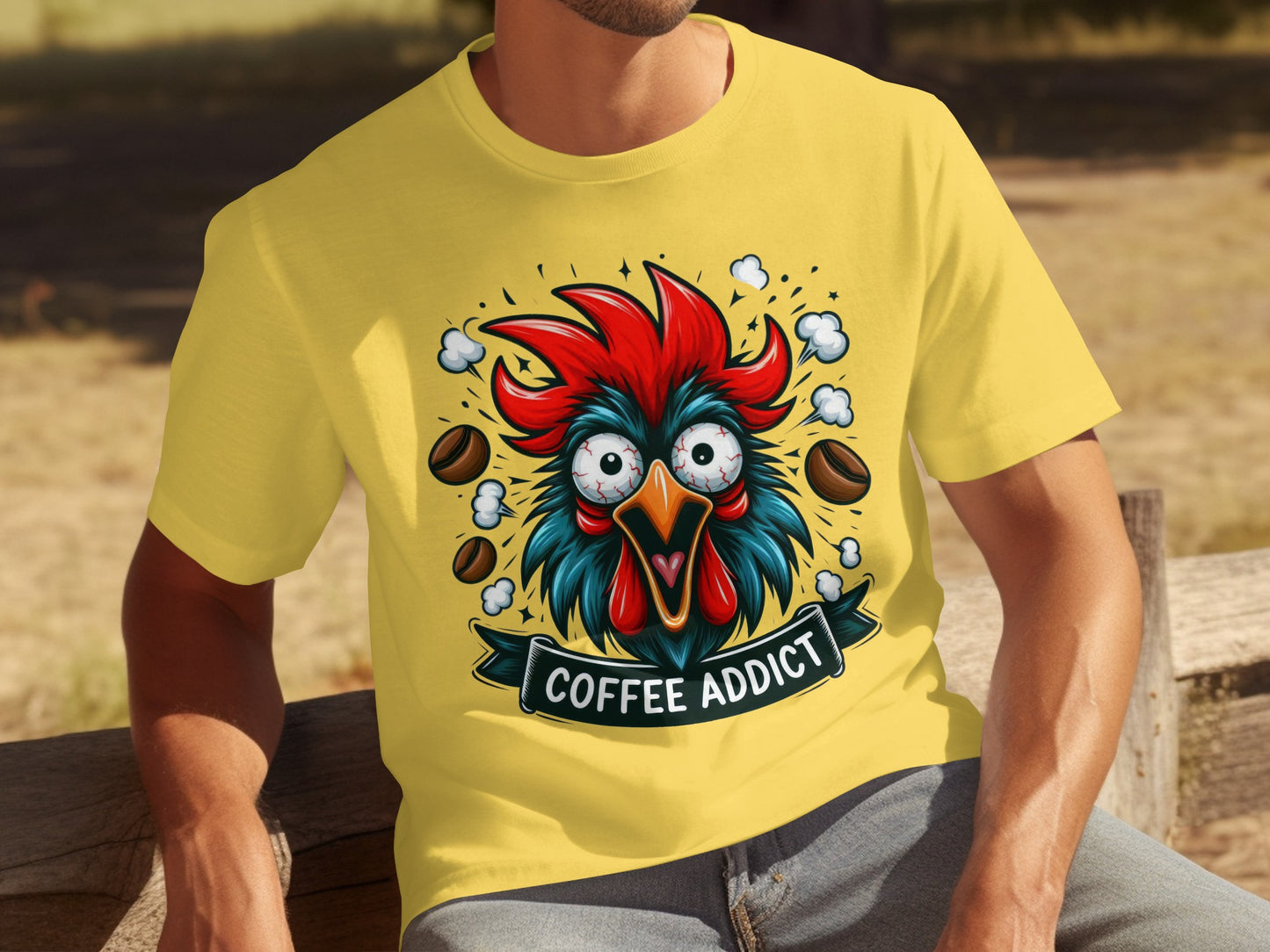 Yellow Coffee Addict Crazy Rooster Graphic T-shirt