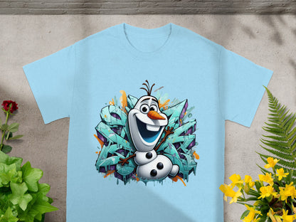 Light blue t-shirt featuring Olaf from Frozen against graffiti background.
