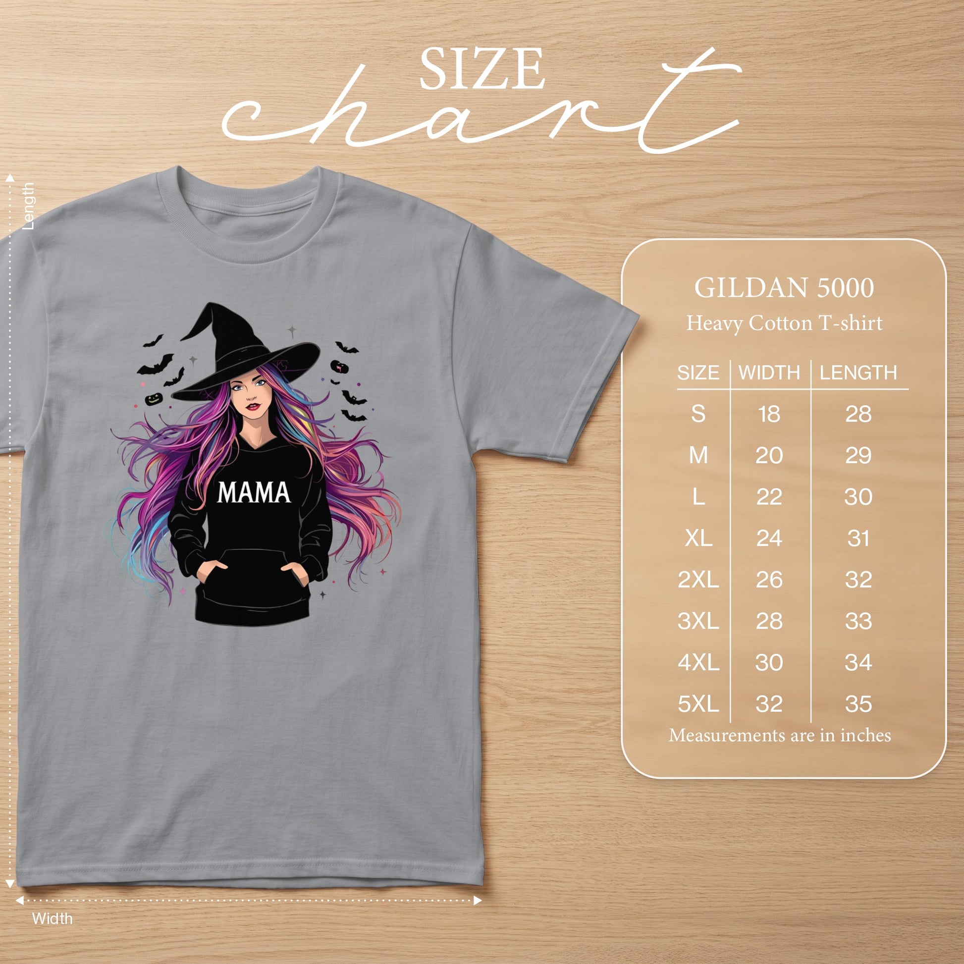 Gray t-shirt with witch graphic, "MAMA" text, and Gildan 5000 size chart.