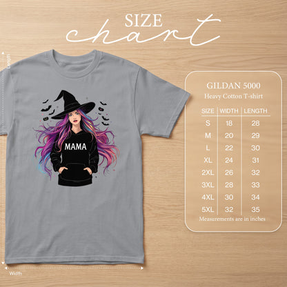 Gray t-shirt with witch graphic, "MAMA" text, and Gildan 5000 size chart.