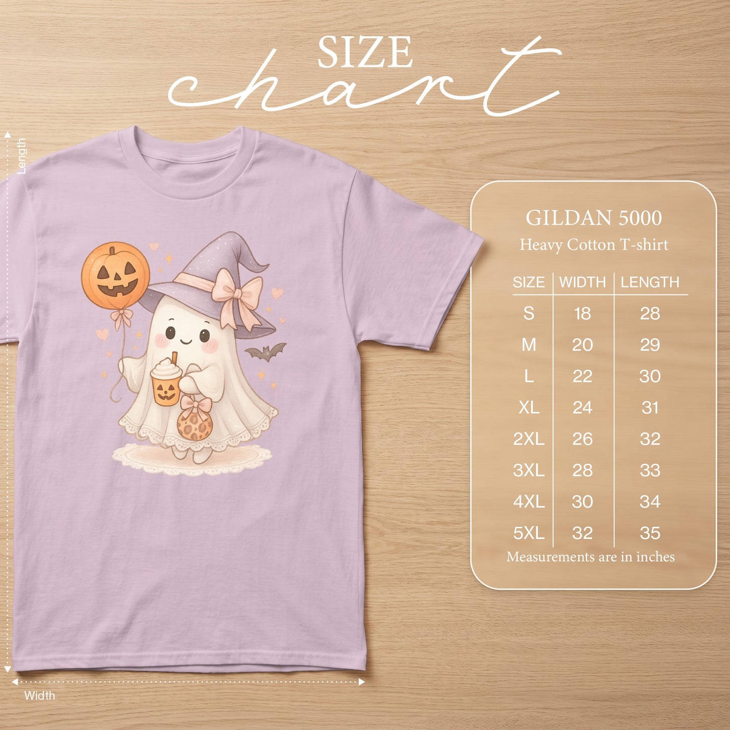 Lilac t-shirt with cute ghost graphic, holding pumpkin balloon and drink, with Gildan 5000 size chart.