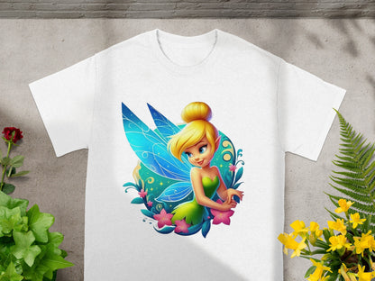 White t-shirt with Tinkerbell in a green dress and blue wings.