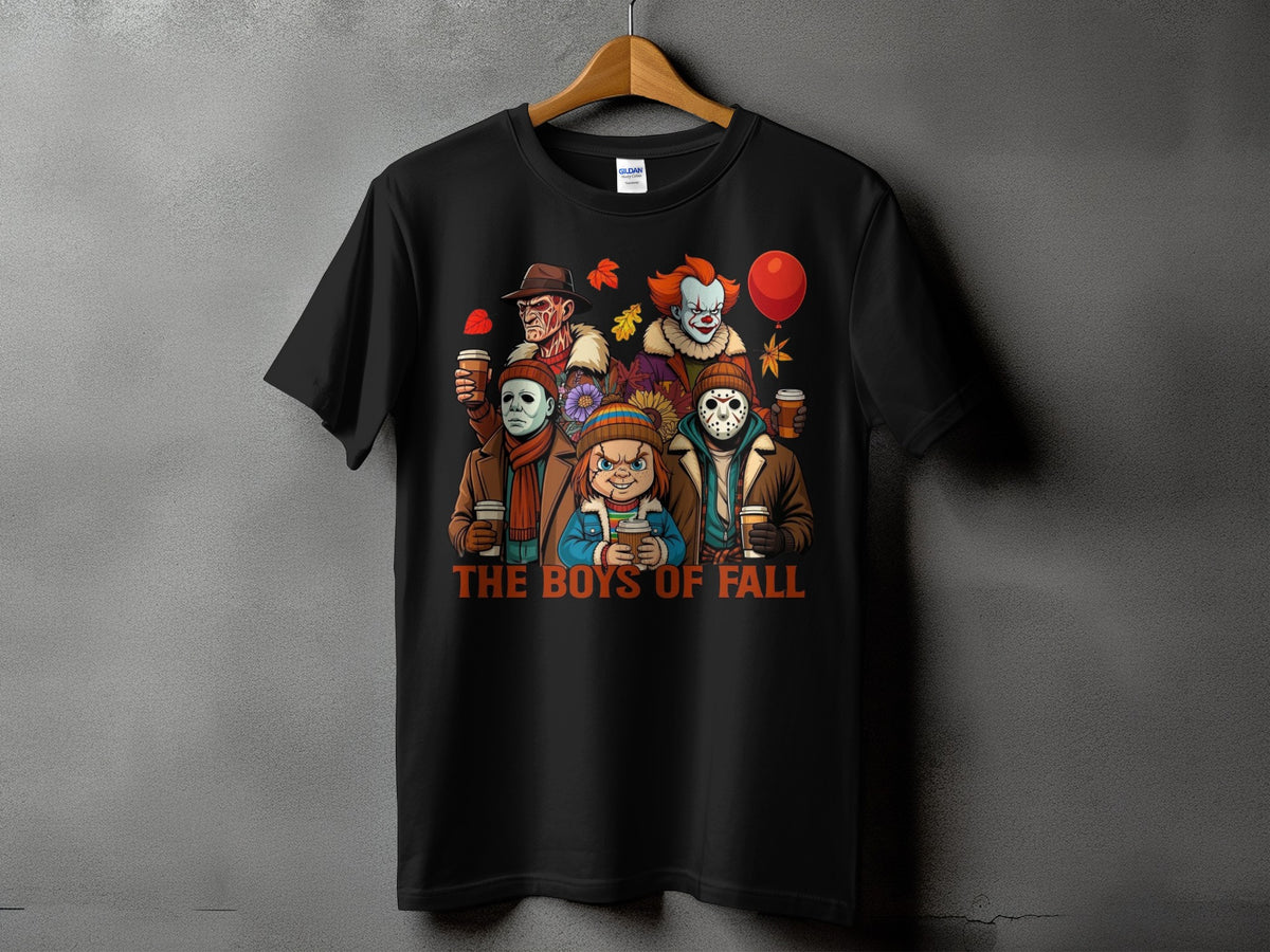 Horror characters holding coffee cups with text "The Boys of Fall."