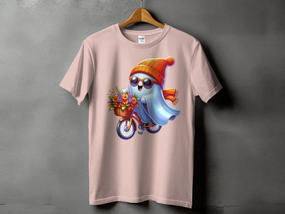Ghost character wearing sunglasses, hat, and scarf riding a bicycle with a flower basket.