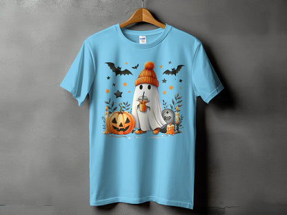 Light blue t-shirt with a Halloween ghost wearing an orange hat and drinking a latte.