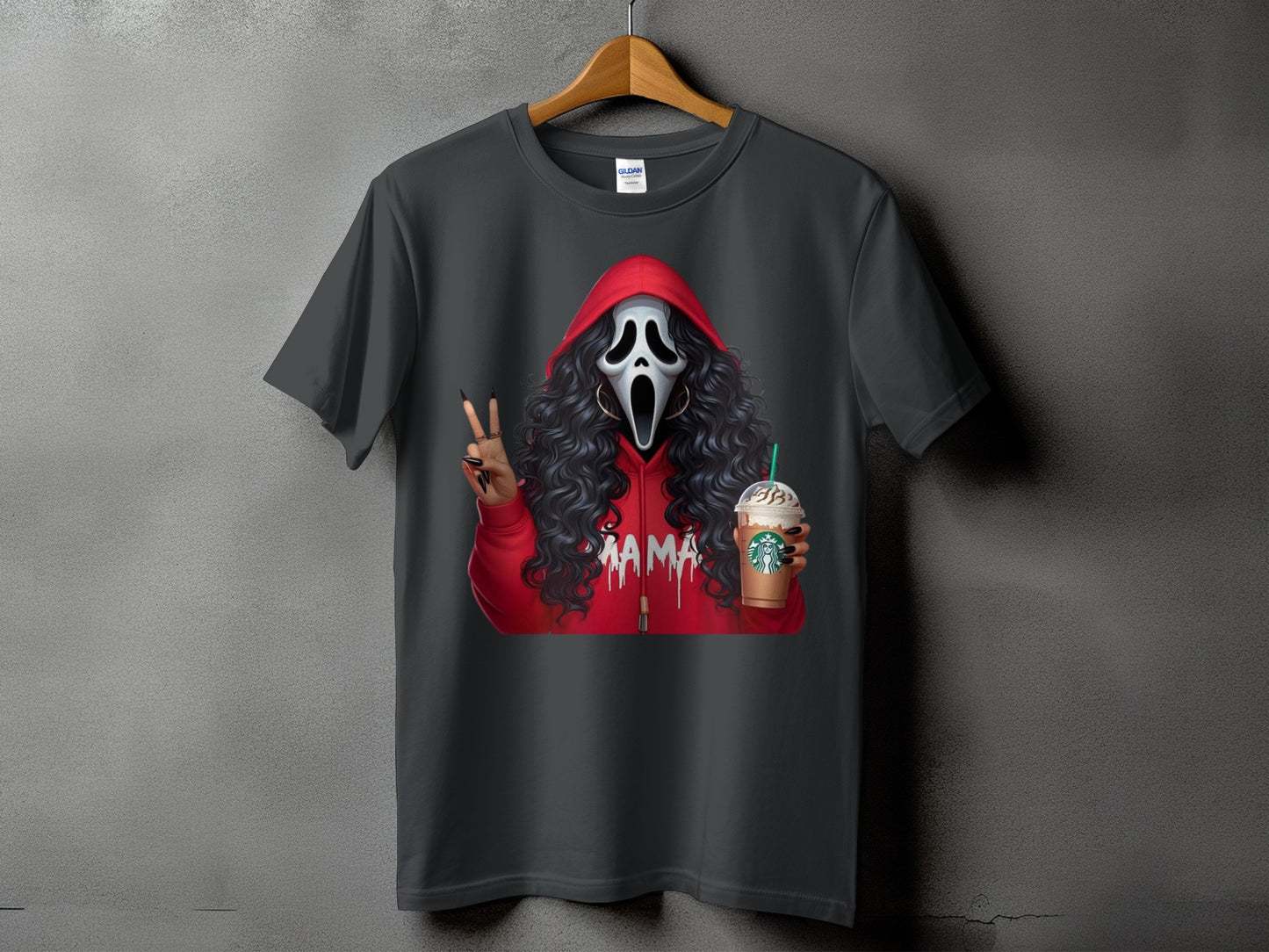 Ghost face mask with red hoodie, black curly hair, holding Starbucks, "Mama" text.