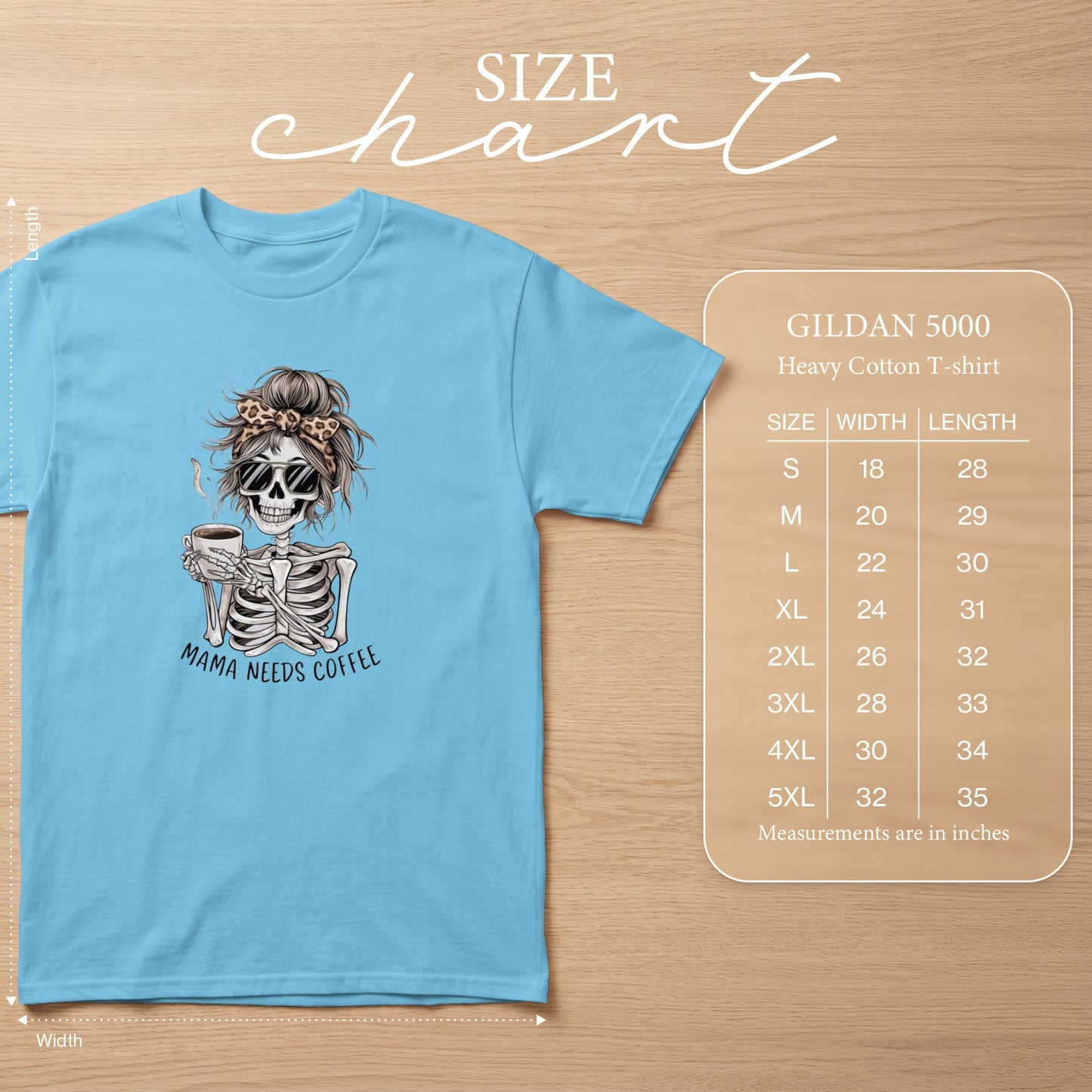 Light blue Gildan 5000 t-shirt with skeleton graphic and size chart.