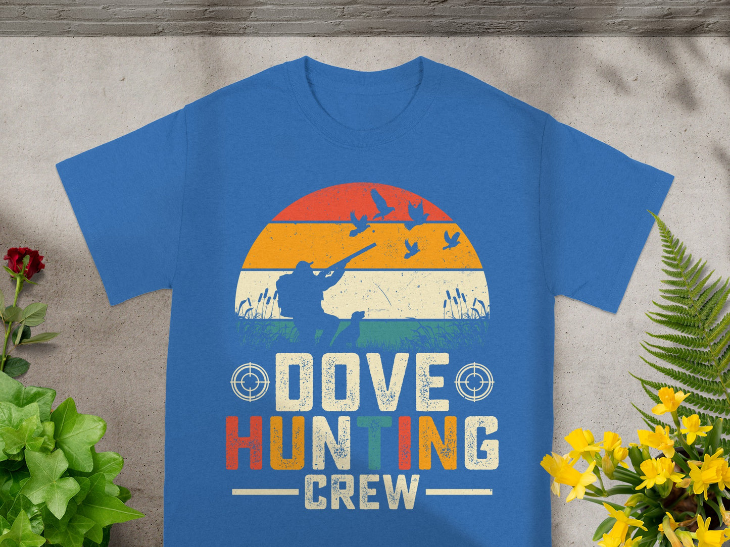 Blue t-shirt with retro "Dove Hunting Crew" graphic and silhouette of hunter.