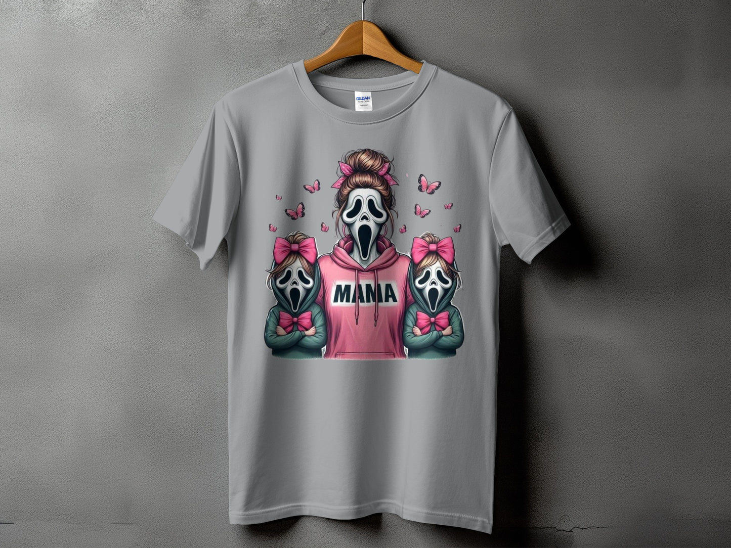 Grey t-shirt with "Mama" in block letters between two ghost figures.
