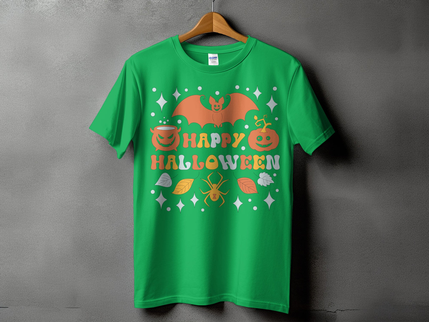Green t-shirt with a retro "Happy Halloween" design featuring a bat, pumpkins, and spider.