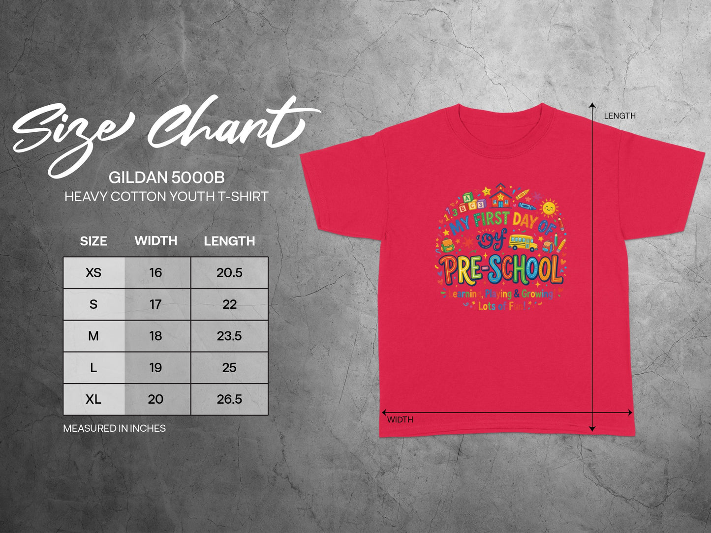 Gildan 5000B youth t-shirt with "My First Day of Pre-School" graphic and size chart.