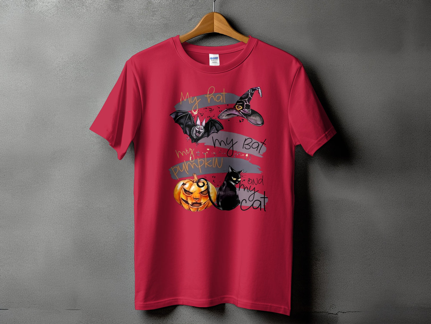 Red t-shirt with Halloween graphic: "my hat, my bat, my pumpkin and my cat".