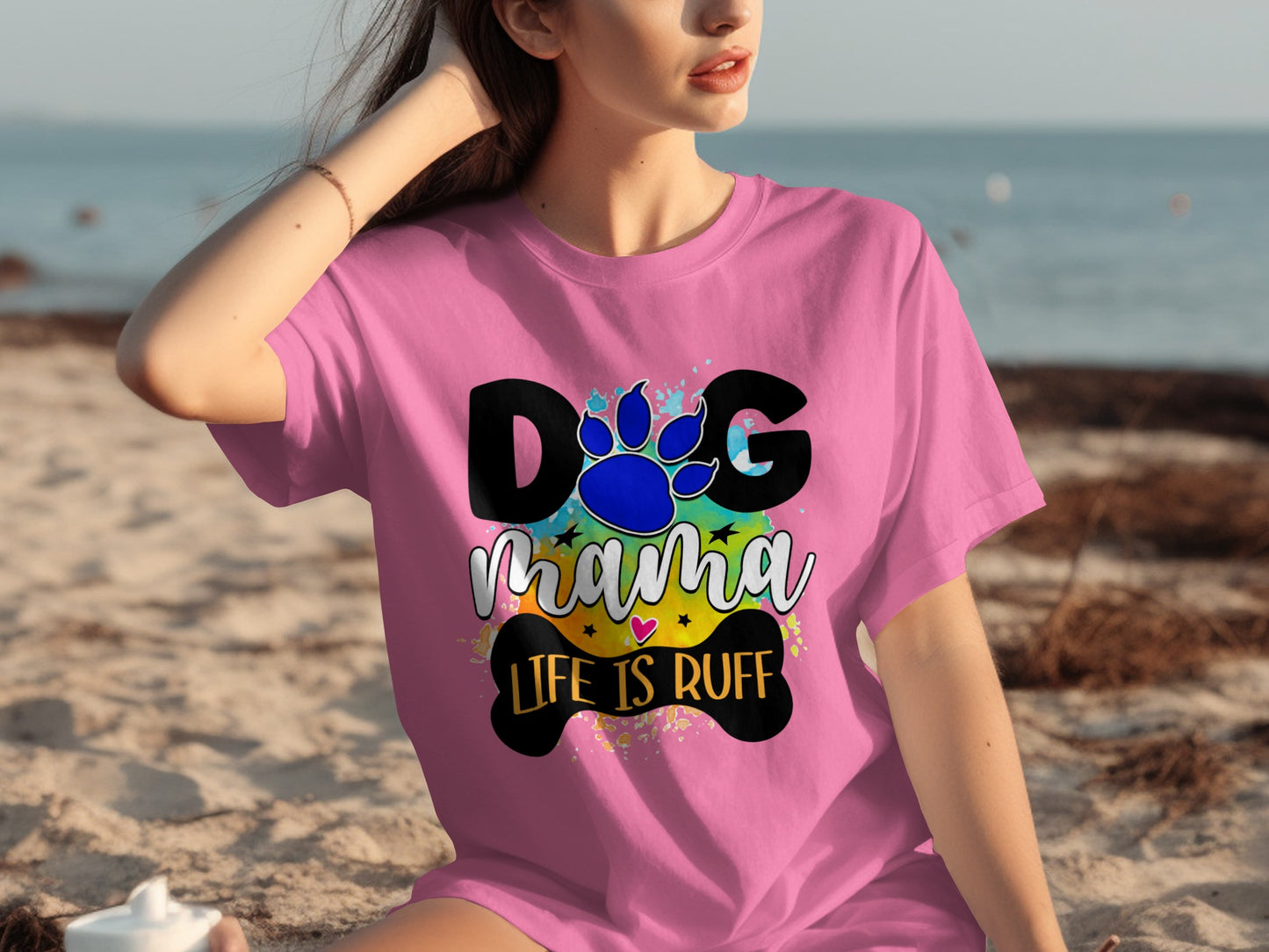 Dog Mama Life is Ruff Colorful Paw Print T-Shirt