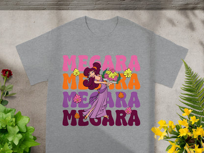 Megara text and illustration on a grey t-shirt.