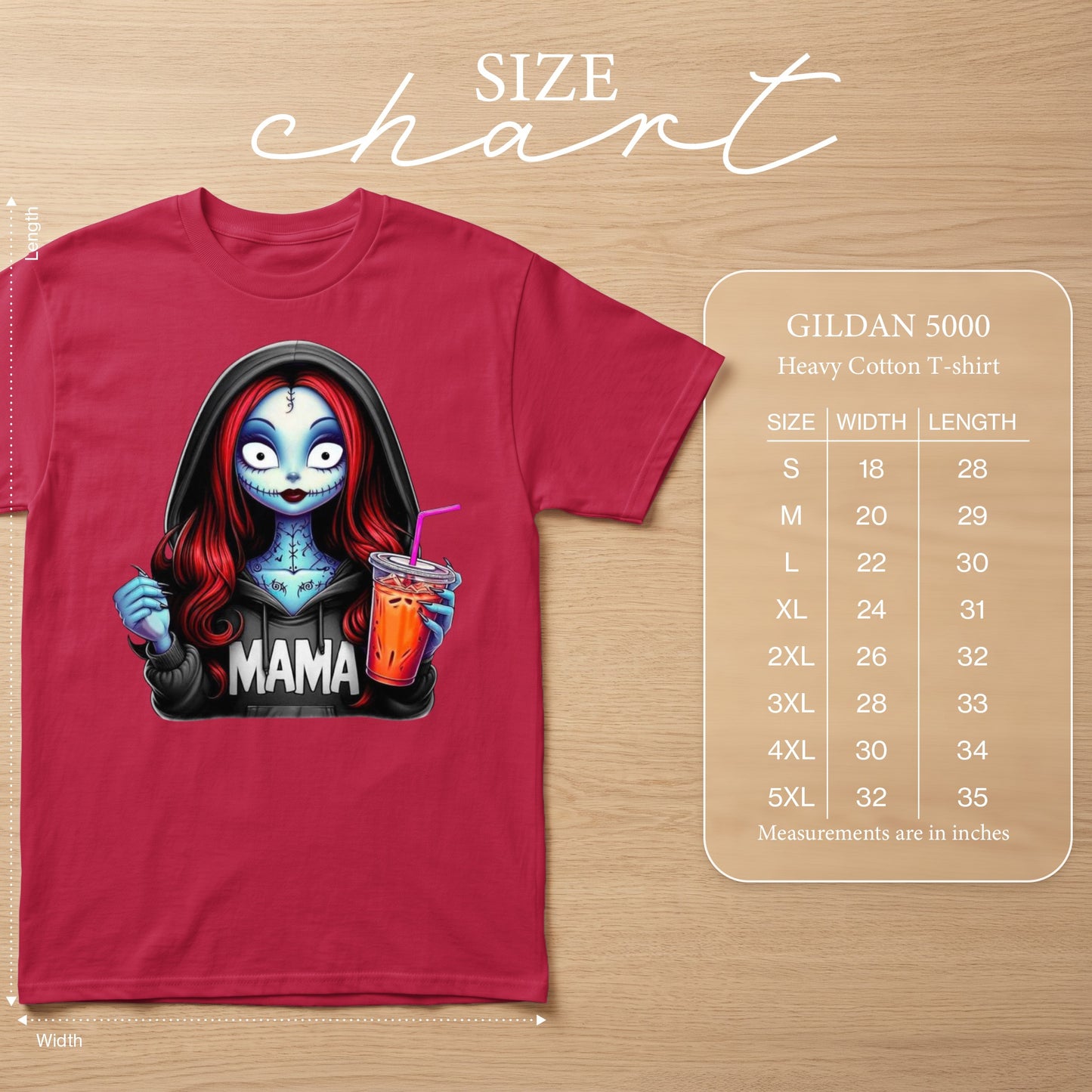 Red t-shirt with graphic of a stylized character holding a drink, next to a Gildan 5000 size chart.