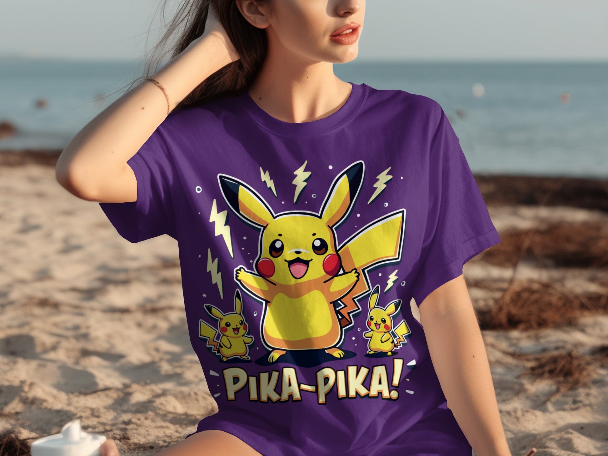 Pika-Pika Pikachu Graphic Design on Purple T-shirt