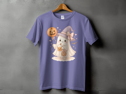 Ghost in witch hat holding pumpkin drink and cookie on purple t-shirt.