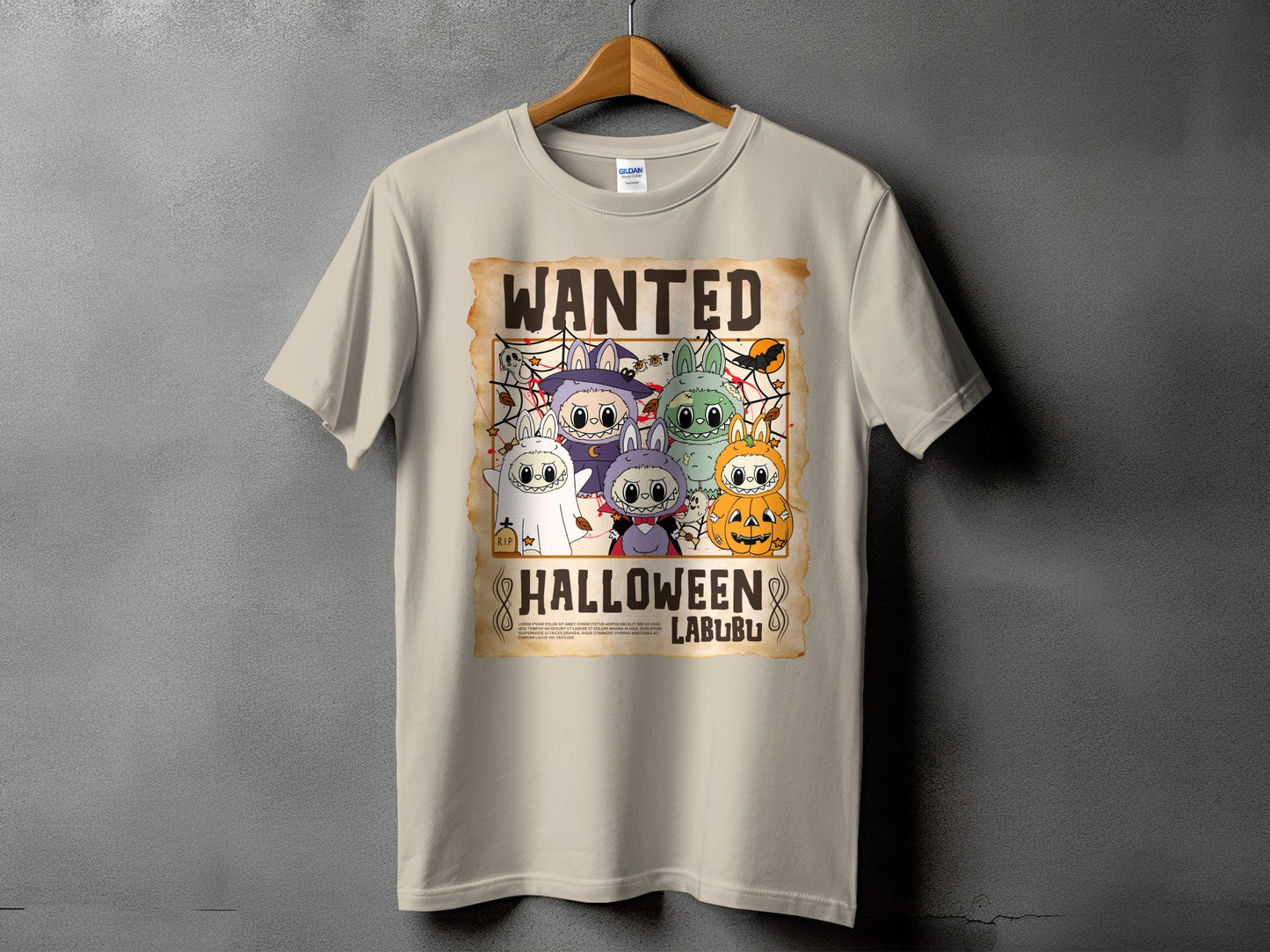 T-shirt with "Wanted Halloween Labubu" design featuring costumed cartoon characters.