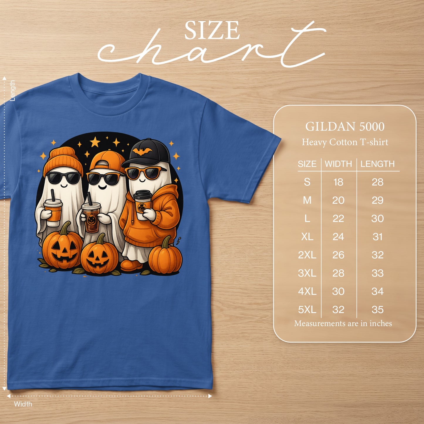 Gildan 5000 Heavy Cotton T-shirt with Halloween ghosts and pumpkins graphic and size chart.