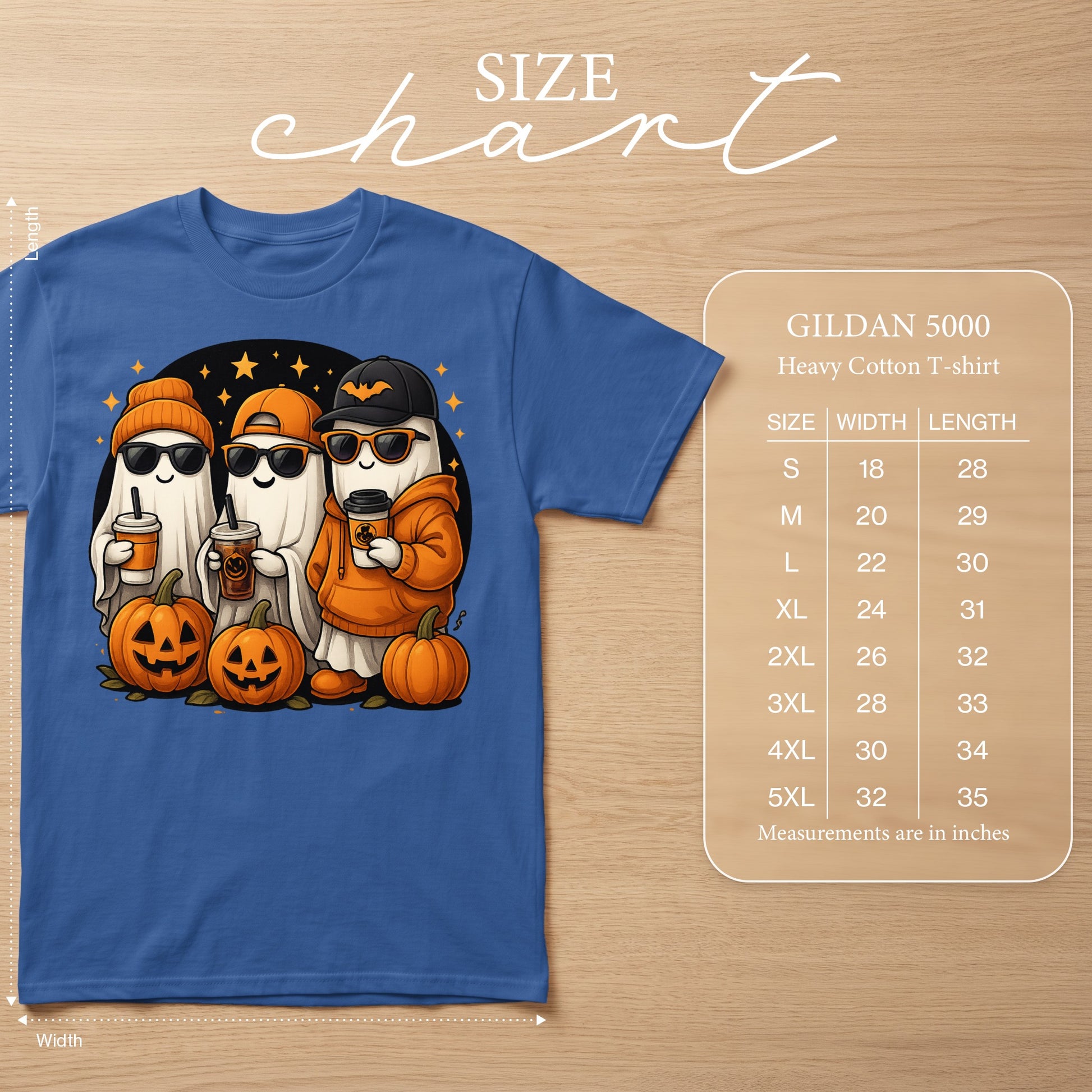 Gildan 5000 Heavy Cotton T-shirt with Halloween ghosts and pumpkins graphic and size chart.