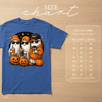 Gildan 5000 Heavy Cotton T-shirt with Halloween ghosts and pumpkins graphic and size chart.