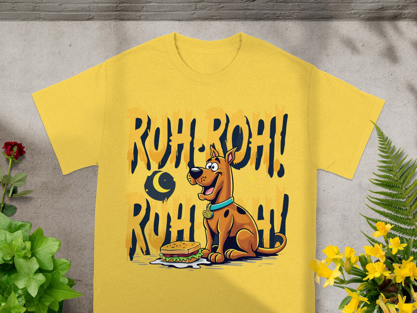 Scooby-Doo on yellow t-shirt with "ROH-ROH!" text and a sandwich.