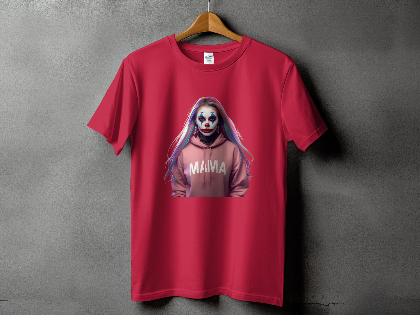 Red t-shirt with clown-style graphic and "MAMA" text.