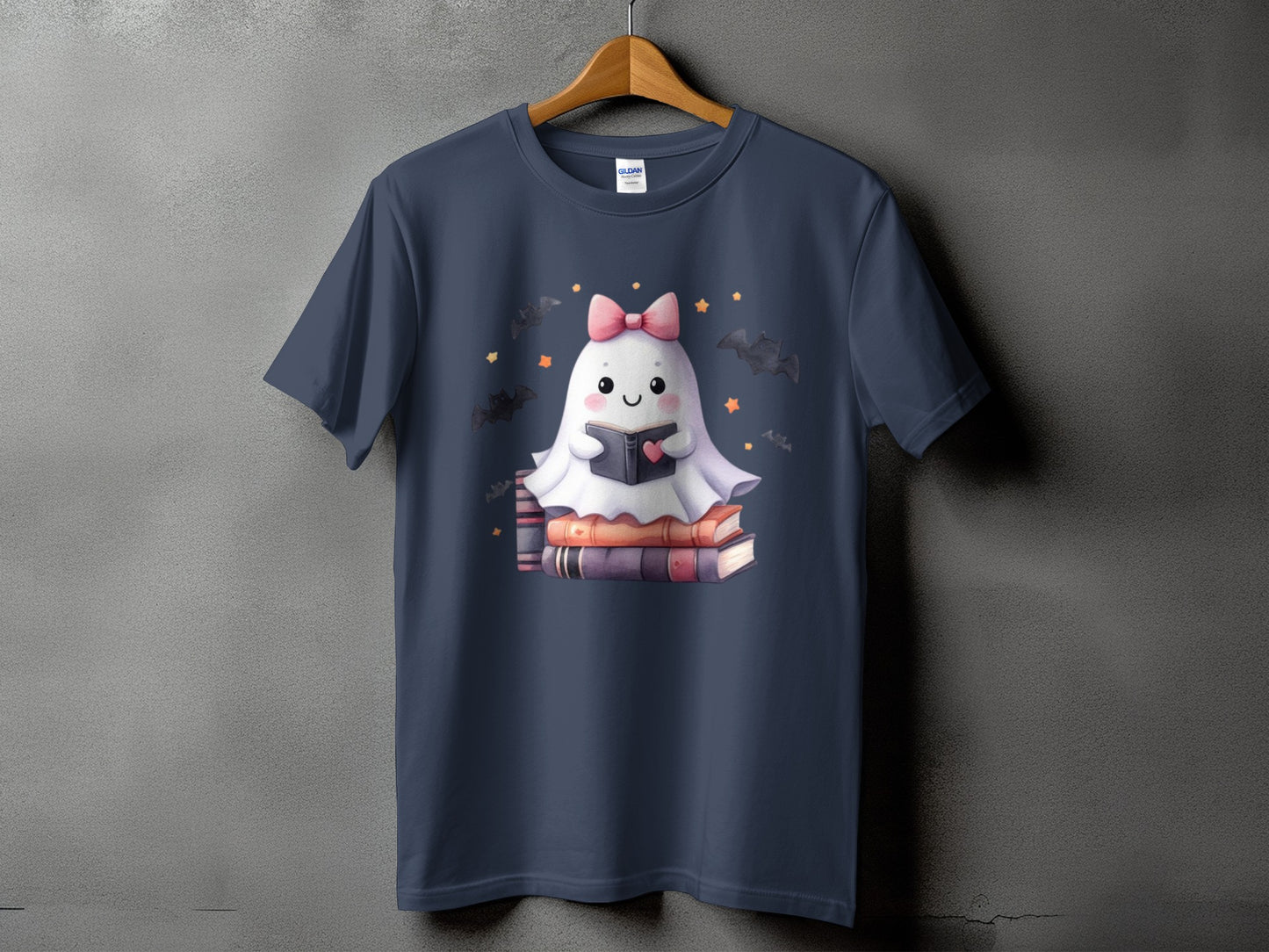 Cute ghost in bow reading on stack of books with bats and stars.