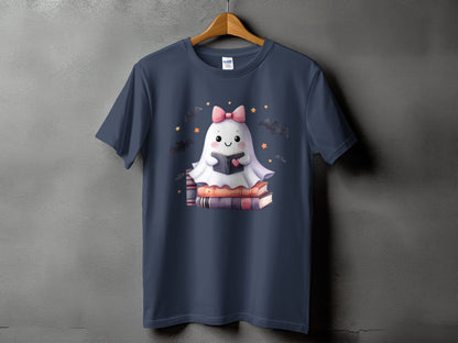 Cute ghost in bow reading on stack of books with bats and stars.
