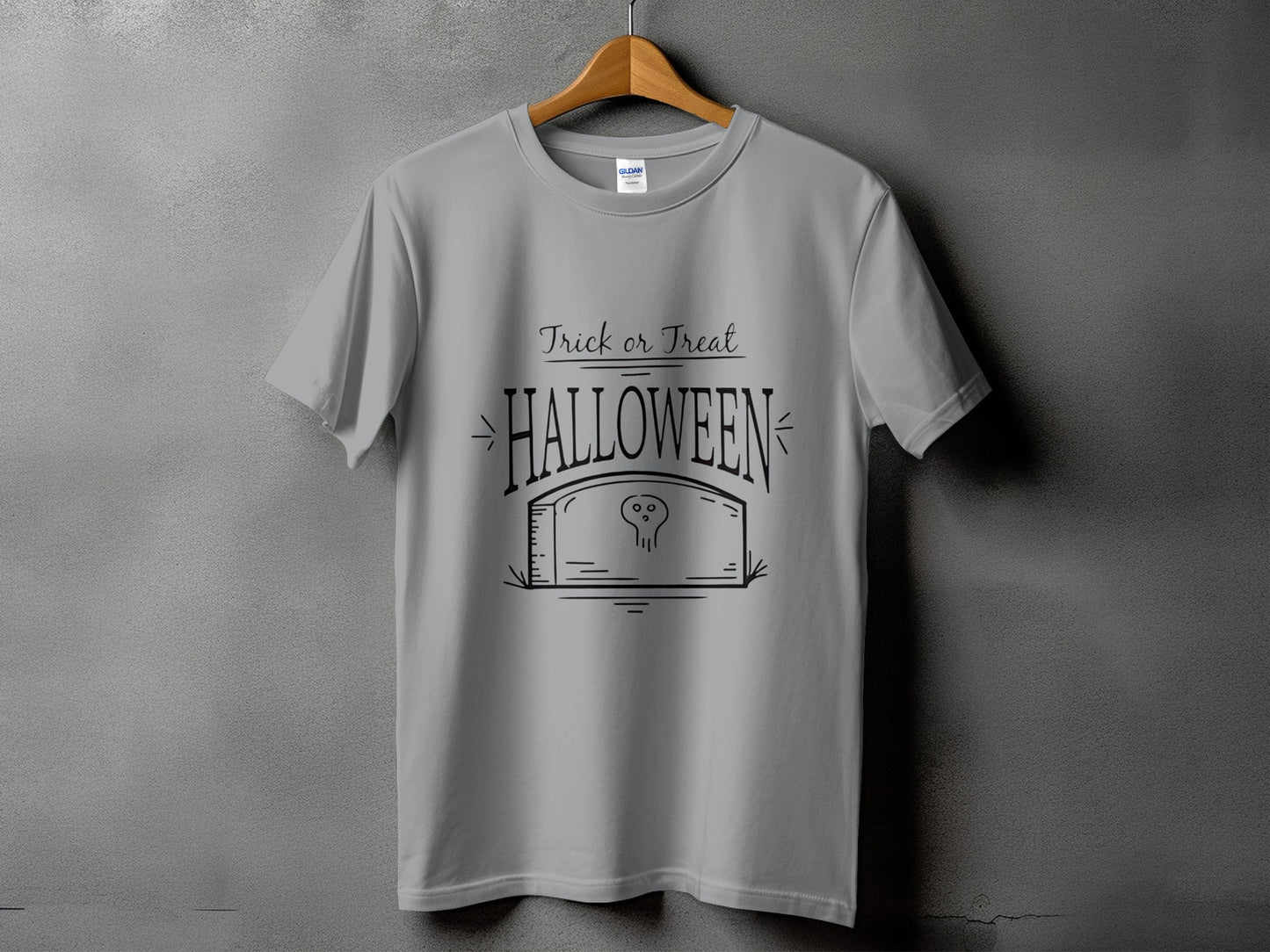 Gray t-shirt with "Trick or Treat Halloween" and skull tombstone graphic.