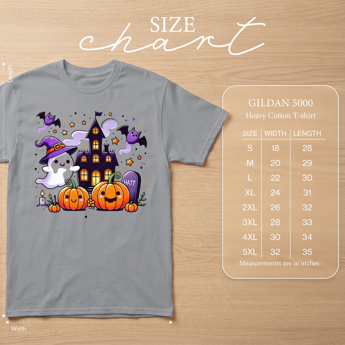 Gildan 5000 Heavy Cotton T-shirt size chart with Halloween graphic.