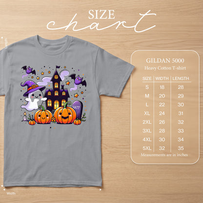 Gildan 5000 Heavy Cotton T-shirt size chart with Halloween graphic.