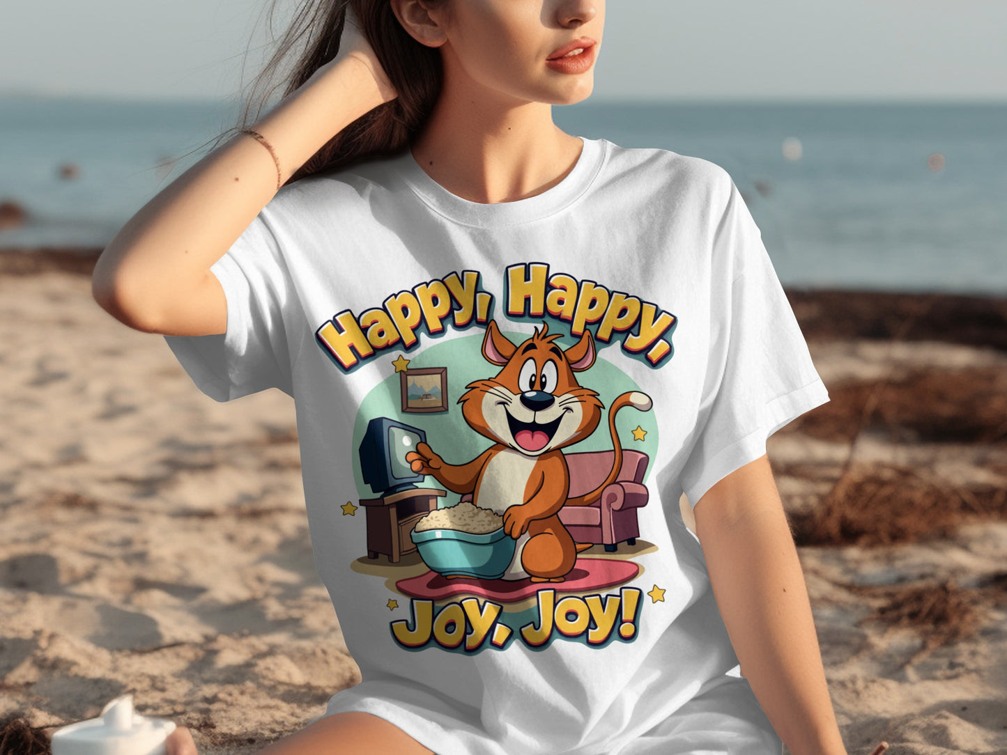 Happy Happy Joy Joy Cartoon Cat Fun Graphic Shirt
