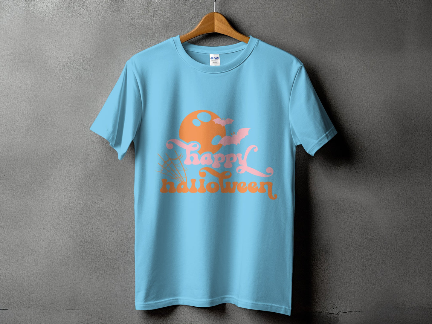 Light blue t-shirt with "Happy Halloween" text, a moon, bats, and spiderwebs.