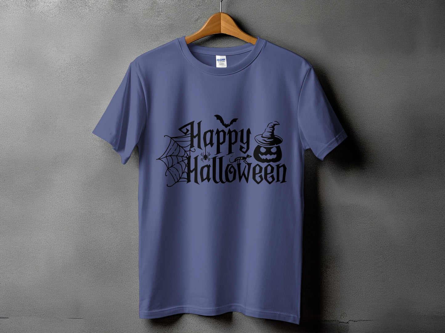 Purple t-shirt with black "Happy Halloween" text, spiderweb, bat, and pumpkin design.