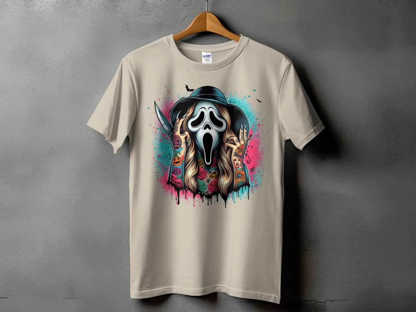 Scream mask with knife and colorful tattoos on a beige t-shirt.