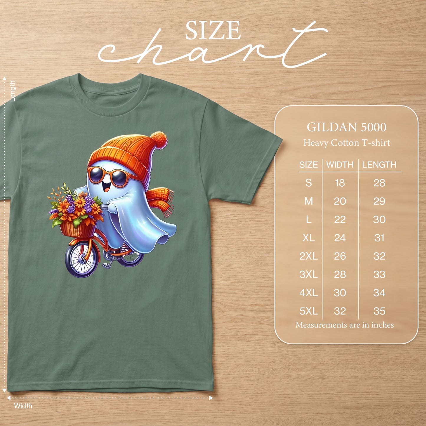 Ghost wearing hat and sunglasses riding a bicycle with flowers, Gildan 5000 size chart.