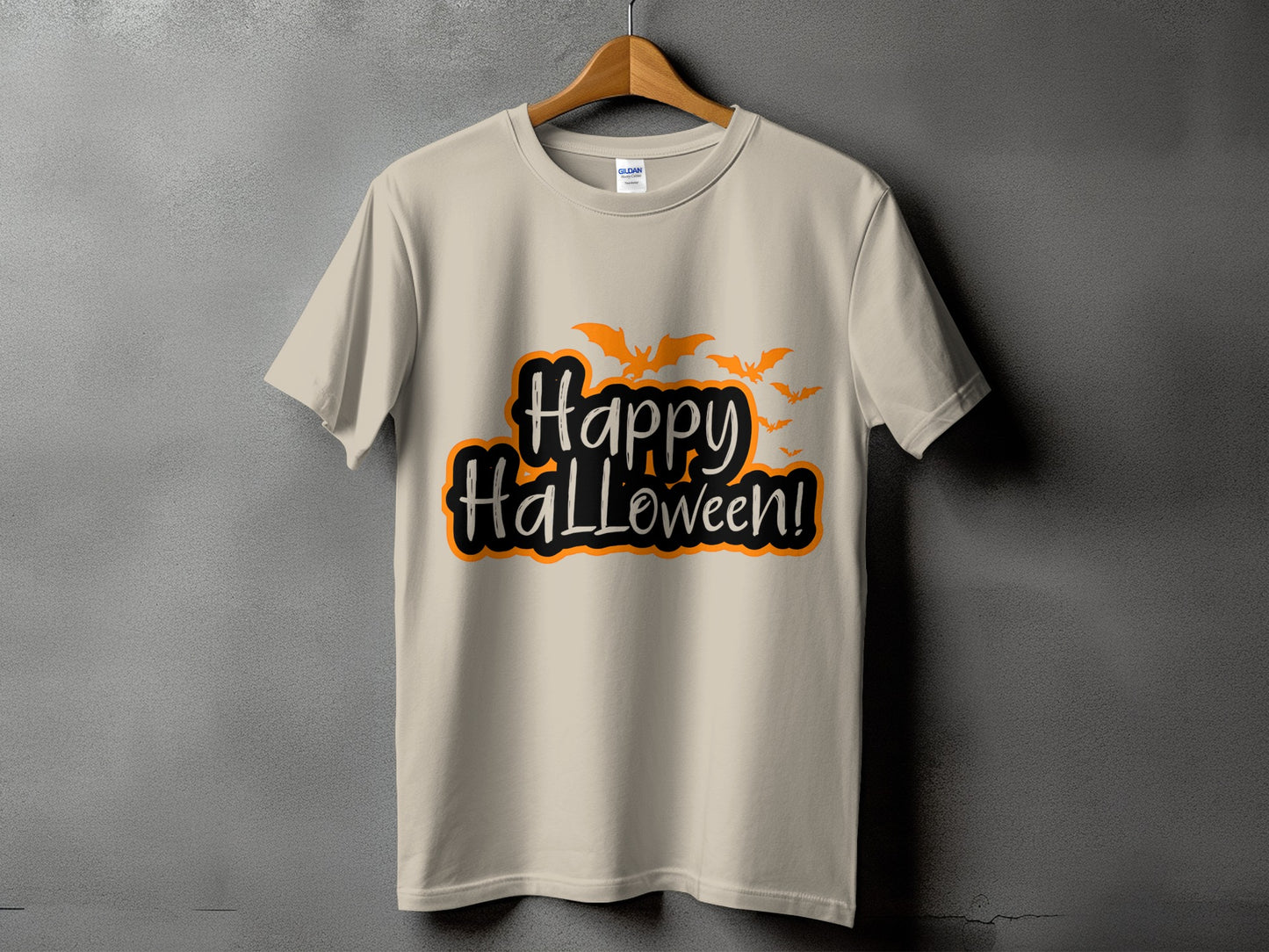 Light beige t-shirt with "Happy Halloween!" text and orange bats.