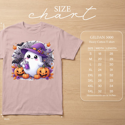 Ghost with witch hat and pumpkins, GILDAN 5000 Heavy Cotton T-shirt size chart.