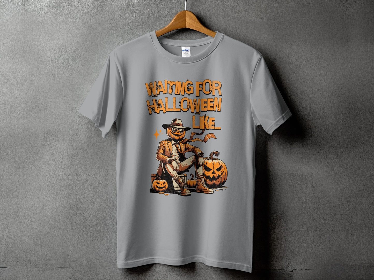 Grey t-shirt with "Waiting for Halloween Like..." text and a pumpkin scarecrow graphic.