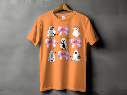 Orange t-shirt with ghosts, bows, and Halloween graphics.